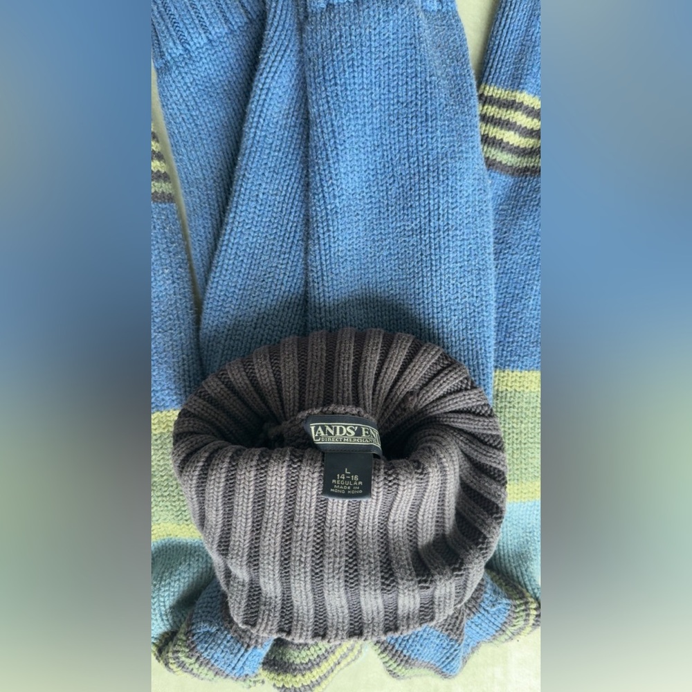 Lands' End Blue and Green Turtleneck Sweater
